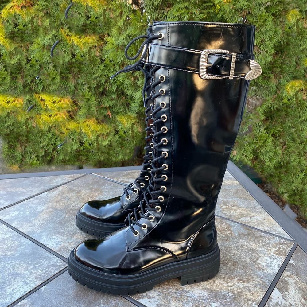 GB Black NEW Sky-Scraper Lug Sole Platform Lace-Up Patent Tall Boots Size 6